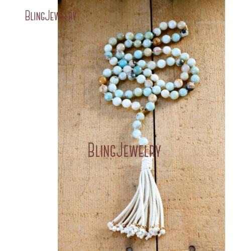 Bohemia Necklace Amazonite Beads Knot Stone Beads Necklace Sueded Leather Tassel Necklace NM23852