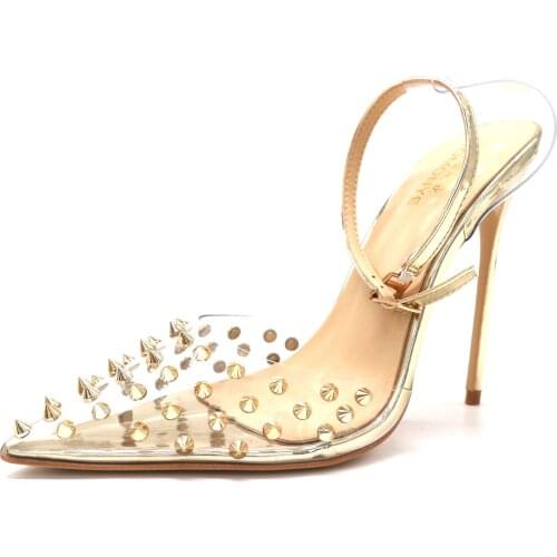 Free shipping fashion women shoes gold patent leather spikes slingback pointy toe heels stiletto high heel shoes sandals 12cm 10