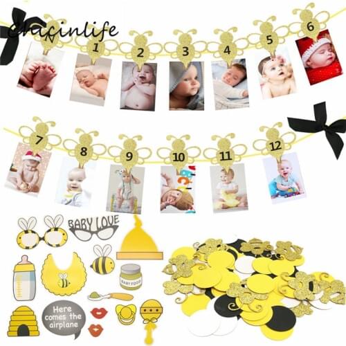Chicinlife yellow Bee 1-12 months Photo Banner Honeybee Cupcake Topper Balloons kids Birthday Party Decoration Baby Shower