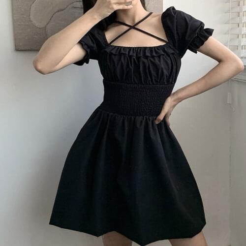 Gothic Women Mini Dress Ruffles Summer 2021 Girl Vintage Black Dress Female Party Dresses 90s Aesthetics Slim Clubwear