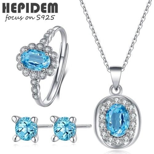 HEPIDEM 100% Really Topaz 925 Sterling Silver Necklace Rings Earrings 2021 Women Fashion Korean Blue S925 Fine Jewelry Set H3355