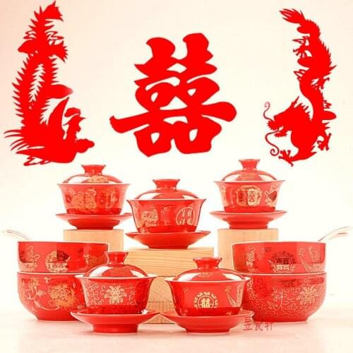 Chinese wedding red tea bowl cup set dragon phoenix double happiness ceramic wine cup cover teaware gift marriage celebration