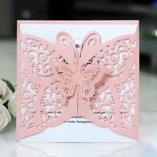 50pcs/lot Butterfly Lace Wedding Invitations With Personalized Printing DIY Laser Cut Floral Card For Baptism Party Quinceanera