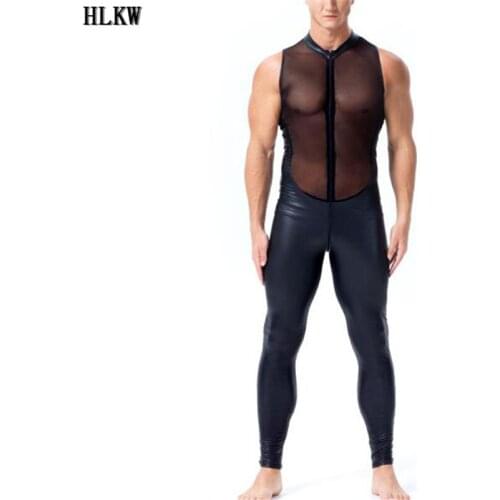 Lucency Leather Mens Sexy Long Sleeves Zipper Open Crotch Catsuit Boxer Shorts Leotard Jumpsuit Gay Male Mesh Splice Bodysuit