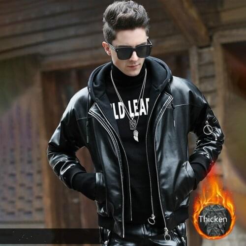 New Arrival Mens Winter Leather Coat Slim Leather Jacket High Quality Male Winter Hooded Outerwear Motorcycle Black Jacket