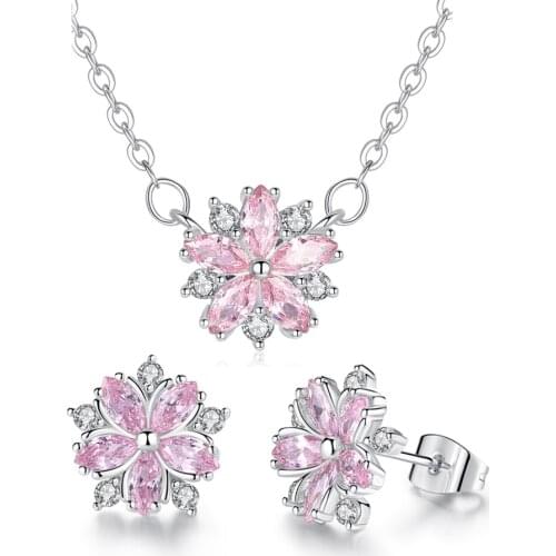 New Flower Zircon Earrings Necklace Gift Crystal from Austrian Romantic Cherry Blossom Petals Micro Zircon Jewelry Set