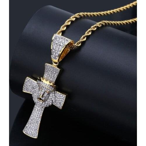 New Fashion Shiny Lion Head Cross Pendant Necklace Gold Color Iced Out Cubic Zircon Men Hip Hop Jewelry Gifts 4MM Tennis Chain