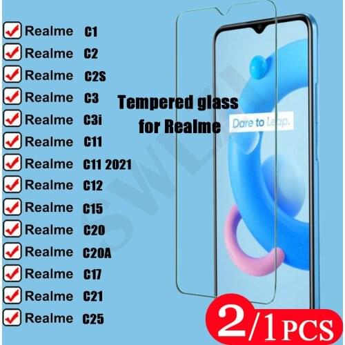 2/1Pcs Tempered Glass Film for Realme C20 C20A C21 C25 C11 2021 C12 C15 C17 C1 C2 C2S C3 C3i Protective Phone Screen Protector