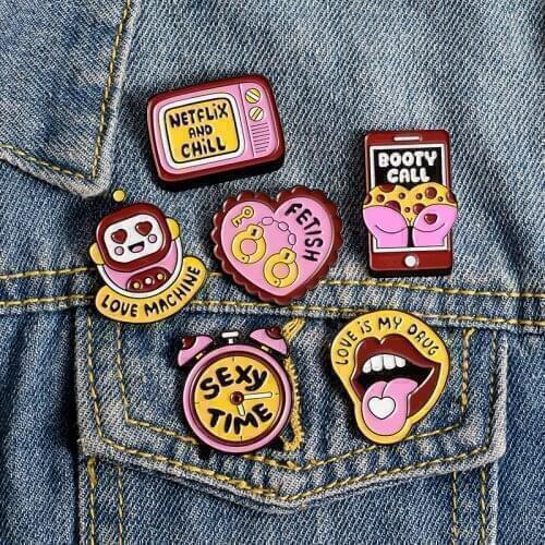 Pink girl Enamel Pin Red lips sexy Sweet words time Lapel Pin Lock your heart Creative badge jewelry A gift for a womans lover