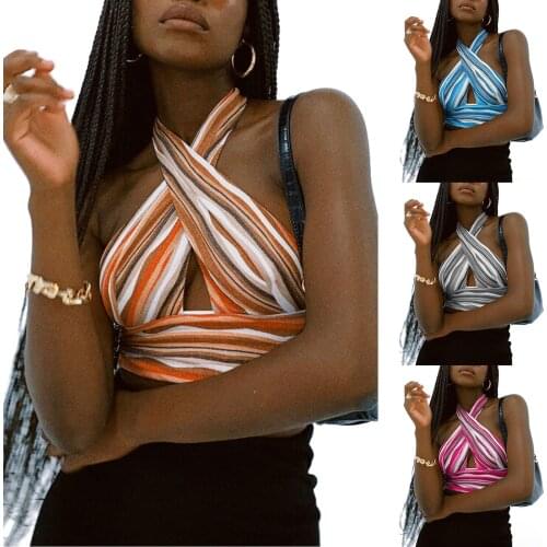 Womens Crisscross Halter Neck Tie Tops Sexy Sleeveless Striped Print Cutout Backless Tie Knot Back Crop Tops