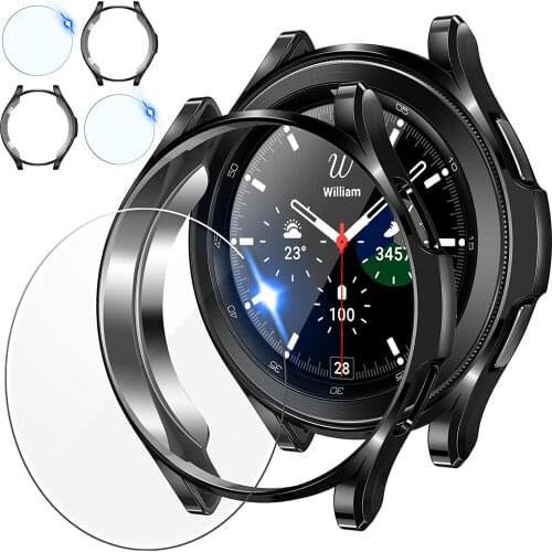 2 Pack Tempered Glass Protective Film and 2Pack TPU Watch Cover Accessories Bumper for Samsung Galaxy Watch 4 Classic 46mm 42mm