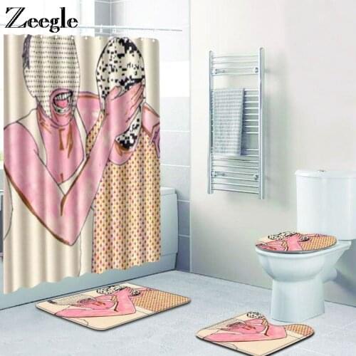 Zeegle Bath Mat Set and Waterproof Curtain Non Slip Toilet Pedestal Rug Foot Mat Absorbent Toilet Seat Cover Mat 3pcs Toilet Set