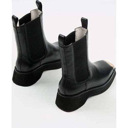 MORDOAN Genuine Leather Lady Boots Metal Square Toe Platform Shoes 2021 Winter Mid Boots Ankle Boots Wedges Chelsea Boots Women