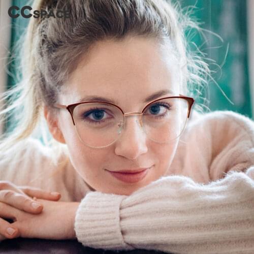 48267 Womens Half-Frame Metal Cat Ear Glasses Frame Anti-Blue Light Optical Fashion Computer Eyeglasses