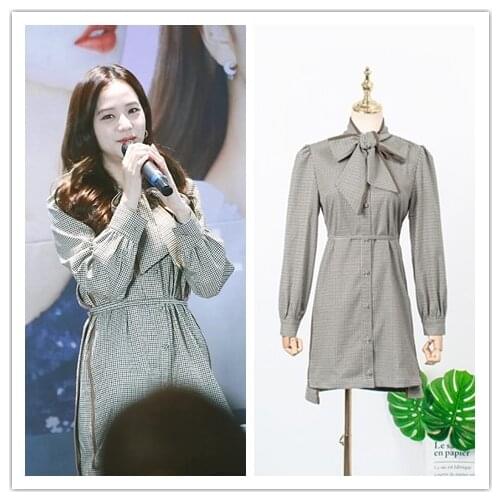Kpop Seo Yea Ji IU Lee Ji Eun casual check long sleeve slim dress women retro elegant Single-breasted Bow-knot lace-up dresses