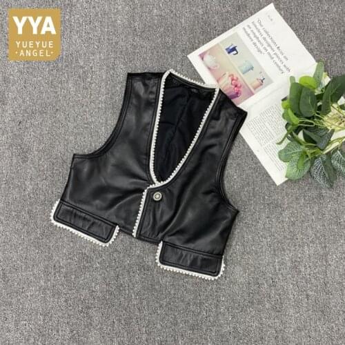 Women Beading Genuine Leather Sheepskin Vest Elegant Office V-Neck Cropped Waistcoat Single Button Loose Sleeveless Jacket