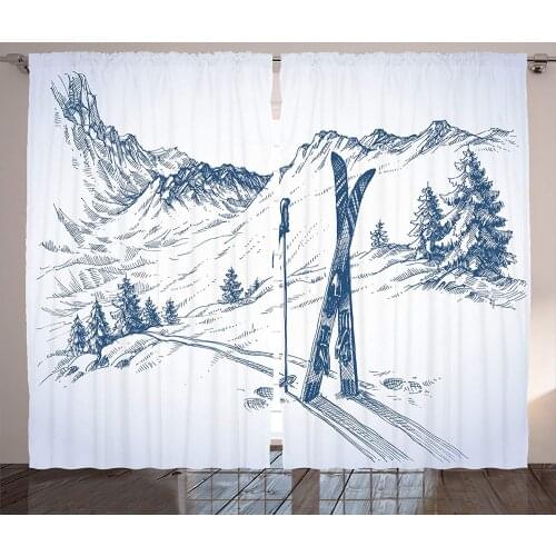 Winter Decor Curtains Sketchy Graphic of a Downhill with Ski Elements in Snow Relax Calm View Living Room Bedroom Window Drapes