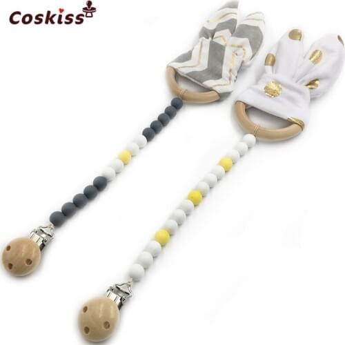 2pc Baby Wooden Pacifier Clip Teether Toy Food Grade Silicone Beads Wood Ring Bunny Ear Toddler Teething Nursing Newborn Teether