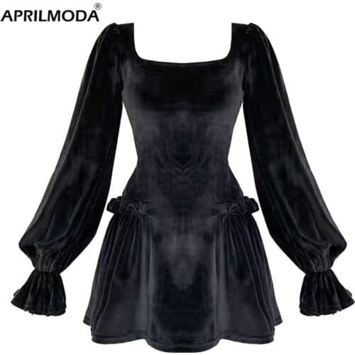 2020 Elegant Velvet Short Mini Women Dress Black Puff Sleeve Gothic Lolita Retro Vintage Party Dress Goth Punk Streetwear