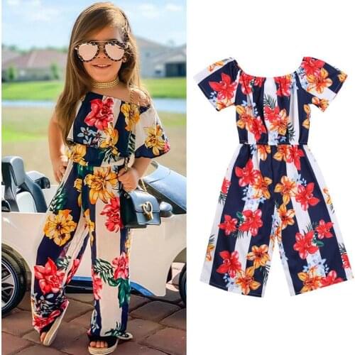 Kids Girls Fashion Off Shoulder Floral Print Jumpsuit Stylish Jumpsuit Children Girls Summer Rompers Overalls Trousers