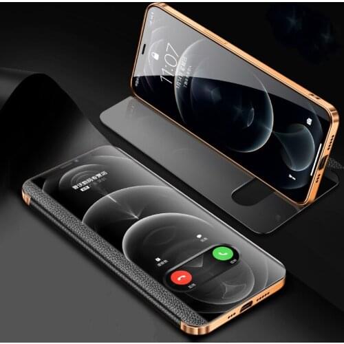 For iPhone 12 Pro Max 12Pro 12 Case Genuine Leather Window View Elec-plating Bumper Flip Holder Cover Full Lens Camera Funda