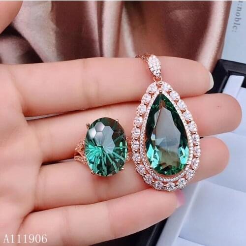 KJJEAXCMY boutique jewelry 925 sterling silver inlaid natural green crystal gemstone female ring necklace pendant set support de