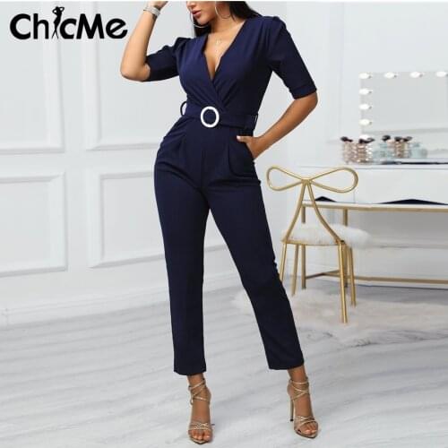 Chicme Women Casual Plain Half Sleeve Wrap Slim Jumpsuit Female V-Neck Solid Color Bodycon Romper Overalls Elegant Streetwear