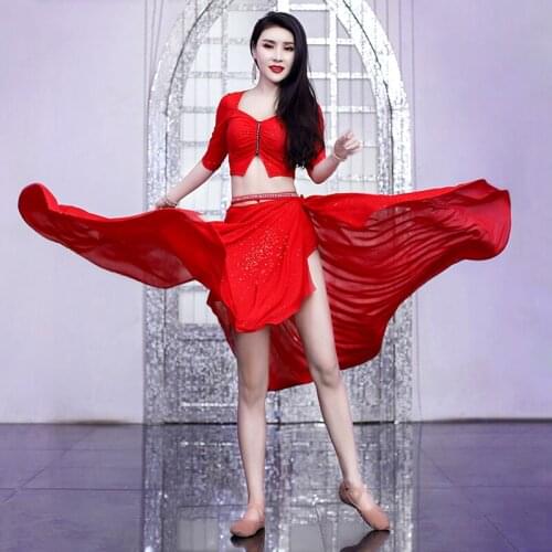 Belly Dance Suit V-Neck Mesh Top Half Sleeve Sequins Skirt Practice Clothes Set Female Adult Elegant Performance Clothing