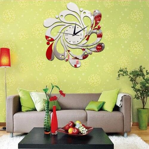 Creative DIY flowers silent wall clock acrylic mirror wall stickers for living room study office home decoration