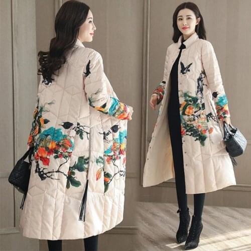 New White Retro Winter Jacket Women Fashion Print Coat Female Casual Down Jacket Long Lapels Tassel Loose Feather Overcoat Ls191