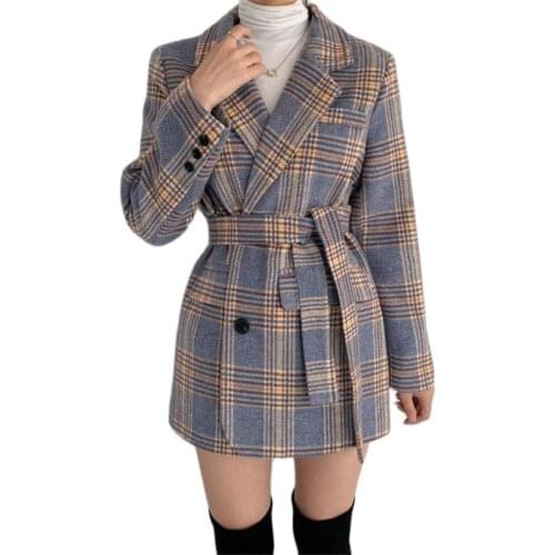 Fashion Design Plaid Woolen Coat Female Womens Retro A Buckle Blended Woolen Women Spring Autumn Jacket Outerwear With Belt