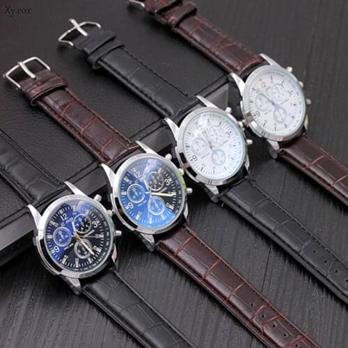 Fashion Luxury Mens Blue Ray Glass Dial Leather Band Analog Quartz Wrist Watch