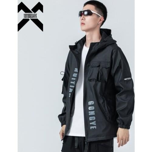 Multi Pockets Cargo Jackets Men Windbreaker 2021 Hip Hop Streetwear PU Leather Techwear Jackets Harajuku Coats WB266