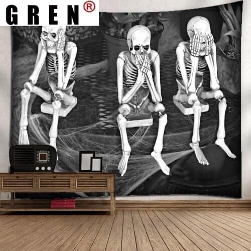 GREN Tapestry Black White Skull Wall Hanging Fabric Mural Background Cloth Wall Rugs Towel Beach Blanket Living Home Decor