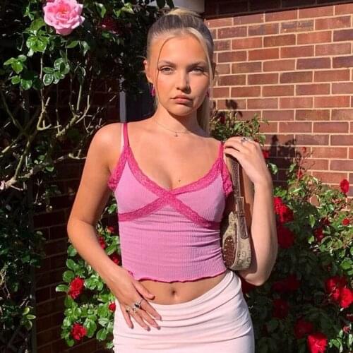 Sexy Women Lace Stitching Thin Shoulder Straps V-Neck Low-Cut Sleeveless Tight-Fitting Solid Ribbed Crop Crop Short Vest Top