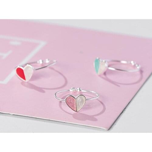 WYJZY Heart-shaped multi-color open sterling silver ring simple fresh student girl style jewelry travel dress with ring