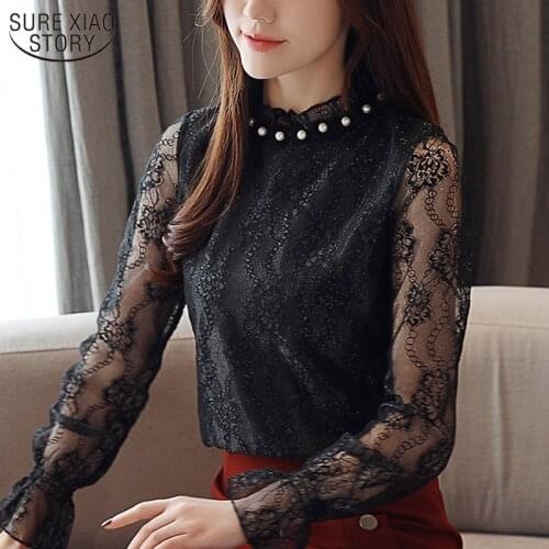 Long Sleeve Shirt Lace Blouse Korean Style 2021 Autumn Womens Tops and Blouses Beading Clothes Women Blusas Mujer De Moda 10641