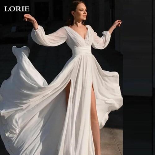 LORIEV Neck Chiffon Beach Wedding Dresses Puff Sleeve Double Split Bride Dresses Vestido De Novia V Neck Boho Wedding Gowns