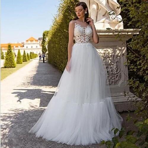A-Line Spaghetti Strap Wedding Dresses Appliques Floor Length Bridal Gowns Robe De Mariee 2020