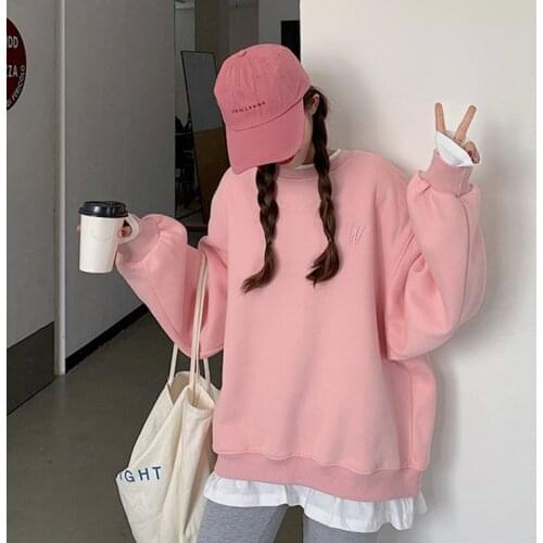 Gothic Fake Two Pieces Pullover Sweatshirt Womens Casual Autumn Winter Fleece Hoodies 2020 Korean Female Pink Top Jumper Roupas