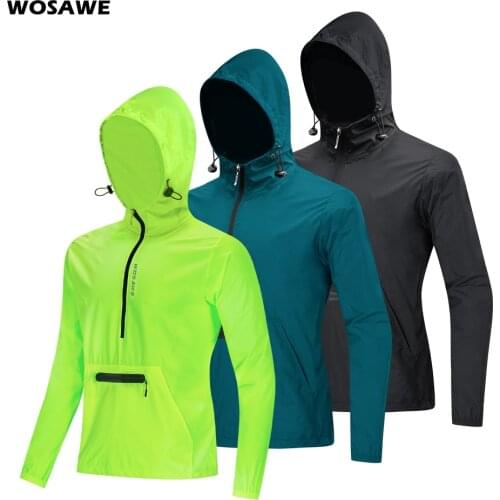 WOSAWE Hooded Cycling Jackets Caps Front Back Storage Pockets Black Rain Repellent Slim Fit MTB Bike Women Mens Windbreakers