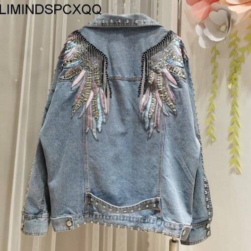 2021 Ropa Fashion Autumn Denim Jacket Women Tassel Rivet Retro Wing Embroidery Casual Turndown Collar Loose Jeans Conventional