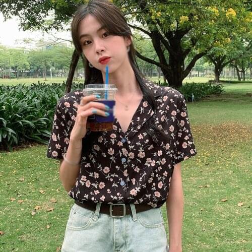 Female Summer Harajuku Casual Wild Female Floral Casual Loose Short Sleeve Shirt Young Cute Sweet Japanese Style Sexy Shirt Top