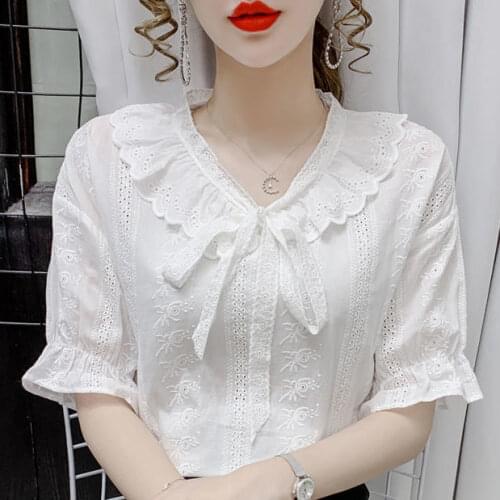 2021 new summer French white lace-up chiffon shirt female summer fashion wood ear lace bottoming shirt