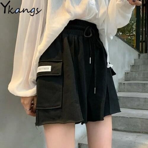 Summer Elastic High Waist Pocket Sports Cargo Biker Shorts Women Harajuku Plus Size Fashion Cycling Fitness Sweat Shorts Female