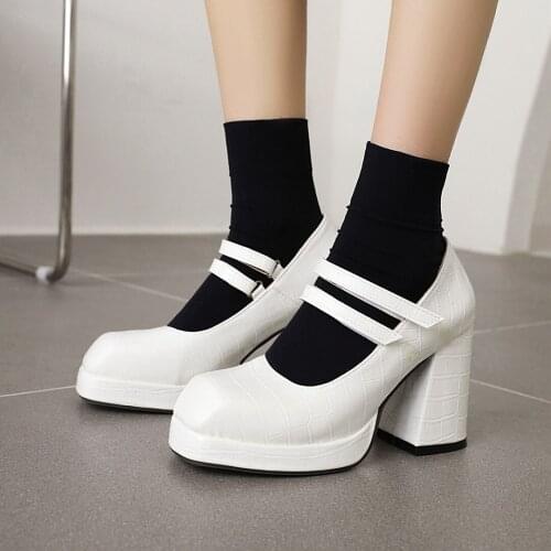 2021 Thick Heel Square Toe Fashion Womens Shoes Stone Pattern Super High Heel Velcro Fashion Platform Womens Shoes