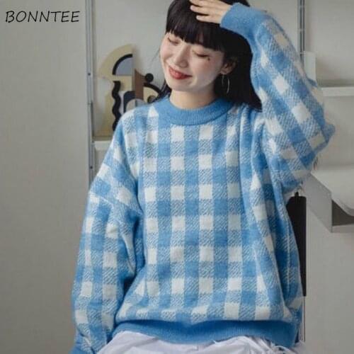 Sweaters Women Loose Plaid O-Neck Comfortable All-match Feminino Pullovers Knitted Wear Casual Fashion Popular Korean Style Chic