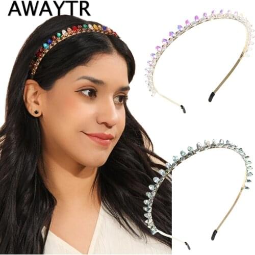 AWAYTR Romantic Colorful Hairband Tiara Crown Rainbow Raw Quartz Crystal Headband Metal Hair Hoop Headwear Women Hair Accessorie