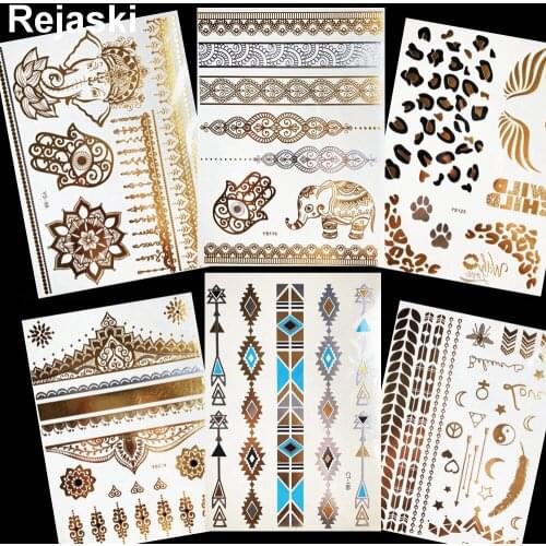 Golden Metallic Henna Hamsa Hand Temporary Tattoo Sticker Arm Leg Bracelet Flash Tatoo Women Fake Ganesha Tattoo Diamond Chains