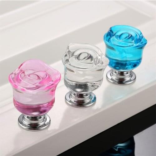 1pc Crystal Glass Clear Rose Cabinets Knob Furniture Kitchen Drawer Handles Dresser Closet Pulls Furniture Hardware 30mm